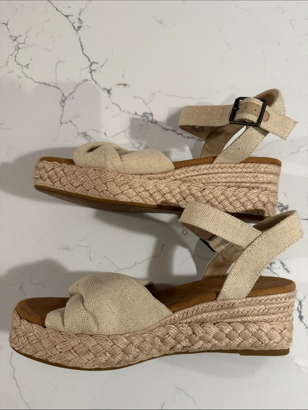 TOMS Natural Canvas Crossband Espadrille Wedge Sandals